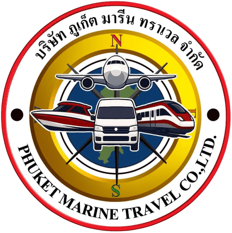 Logo with an airplane, boat, van, and train. Text: 'PHUKET MARINE TRAVEL CO., LTD.' in English and Thai.