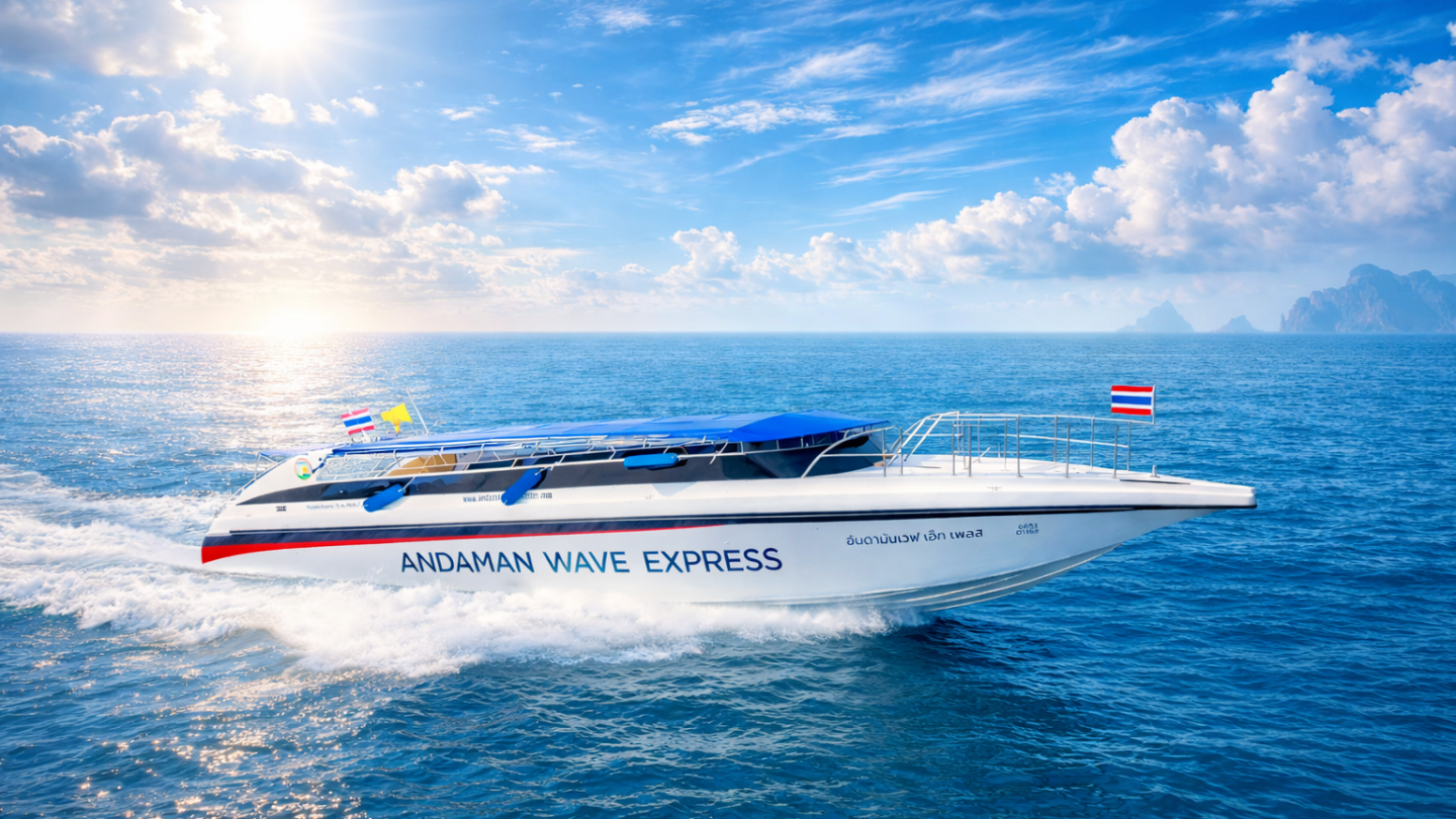 Tourist boat 'Andaman Wave Express' on the sea beneath a sunny, cloudy sky.