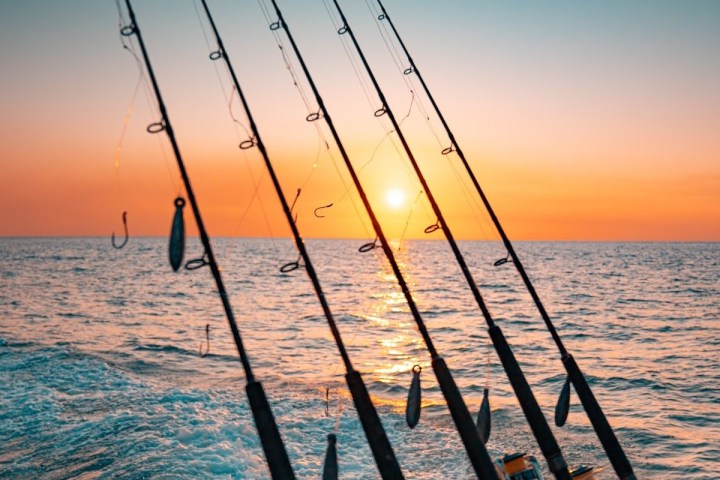 Five fishing rods over ocean waves with a sunset in the background.