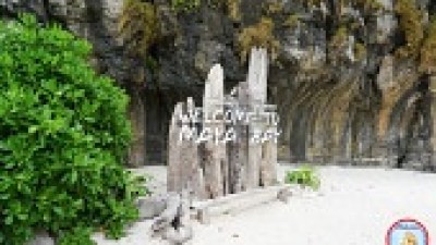 Driftwood sign reading 'Welcome to Maya Bay' on a sandy beach with rocky cliff and greenery.