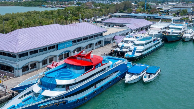 Aerial view of a harbor with multiple boats docked near a purple-roofed building.