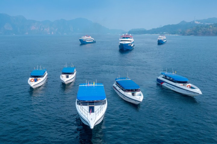 Multiple speedboats with blue canopies on calm water near distant hills.