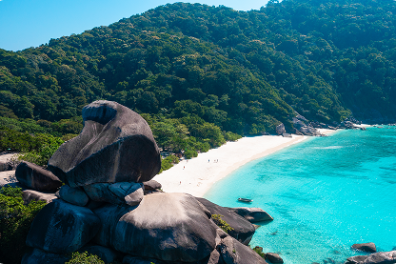 Rocky beach with turquoise water and lush green trees.