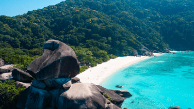 Rocky beach with turquoise water and lush green trees.