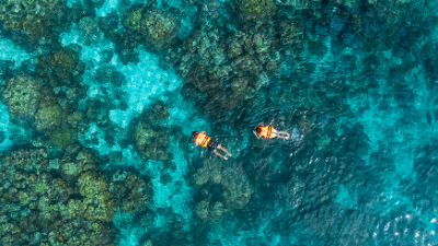 Two snorkelers in orange vests swimming above coral reefs in clear turquoise water.